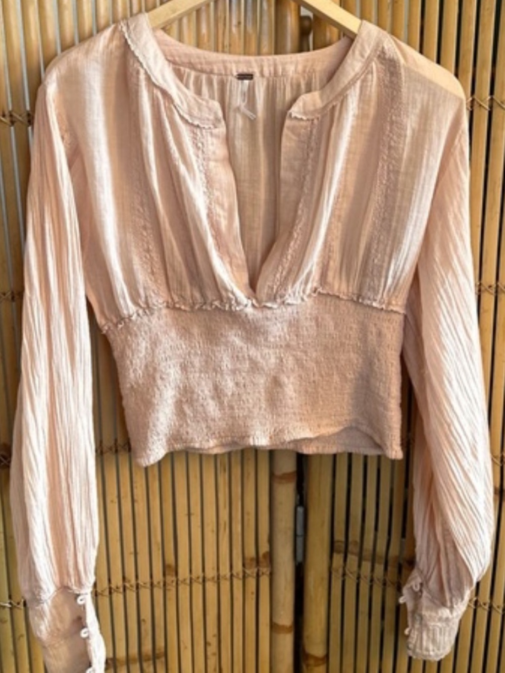 Free People Pale Blush Pleated Smock-Waist Blouse